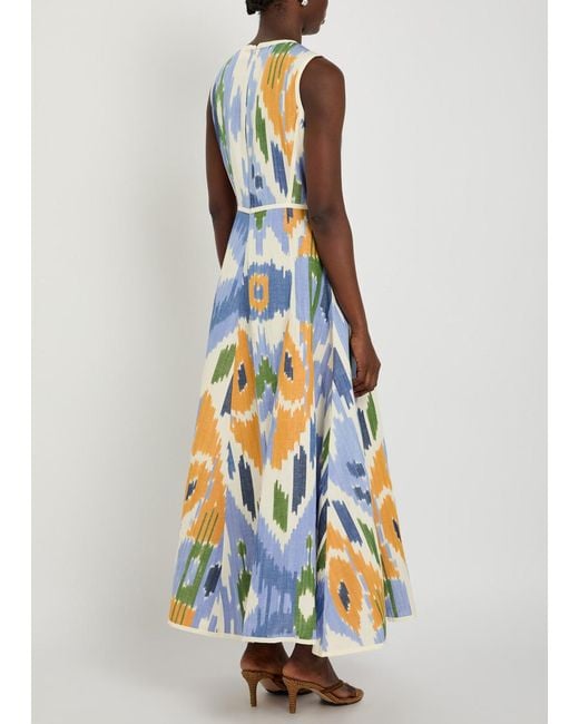 Emporio Sirenuse Blue Clodette Printed Cotton And Linen-Blend Midi Dress