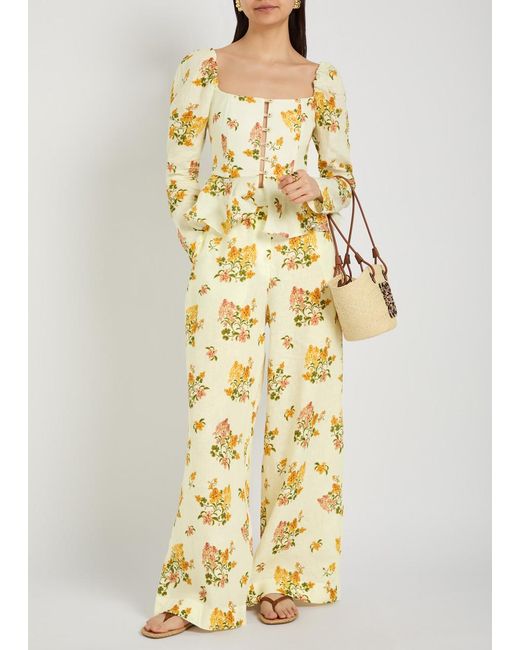 Agua Bendita Metallic Tota Floral-Print Linen Trousers