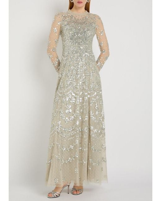 Needle & Thread White Freya Sequin-Embellished Tulle Gown