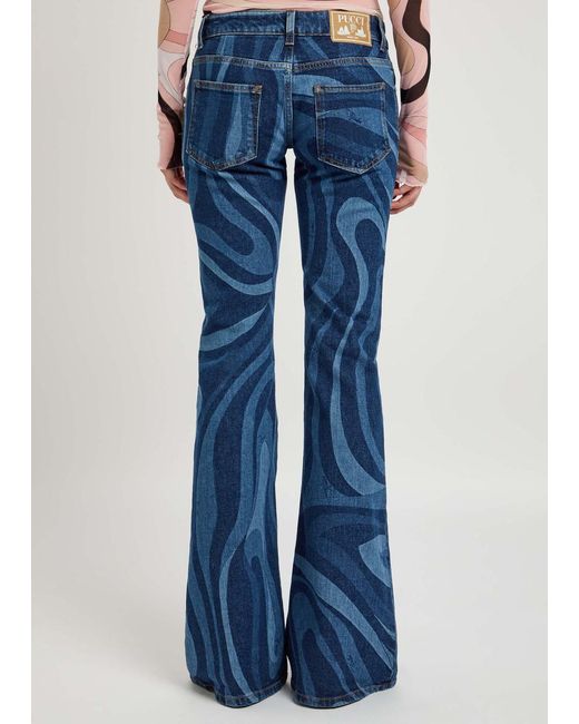 Emilio Pucci Blue Wave-Printed Flared-Leg Jeans