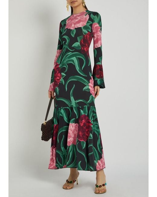 LaDoubleJ Green Alba Floral-Print Stretch-Jersey Maxi Dress