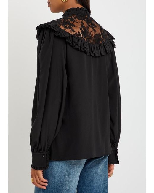 Chloé Black Ruffled Lace-Trim Silk Blouse