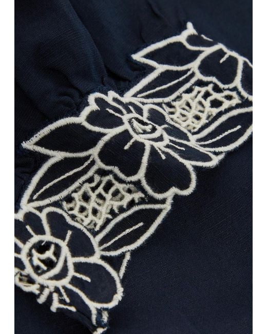 Rixo Blue Cristina Floral-Embroidered Linen-Blend Mini Dress