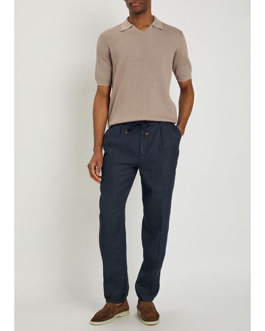 Brunello Cucinelli Blue Drawstring Tapered-Leg Linen Trousers for men