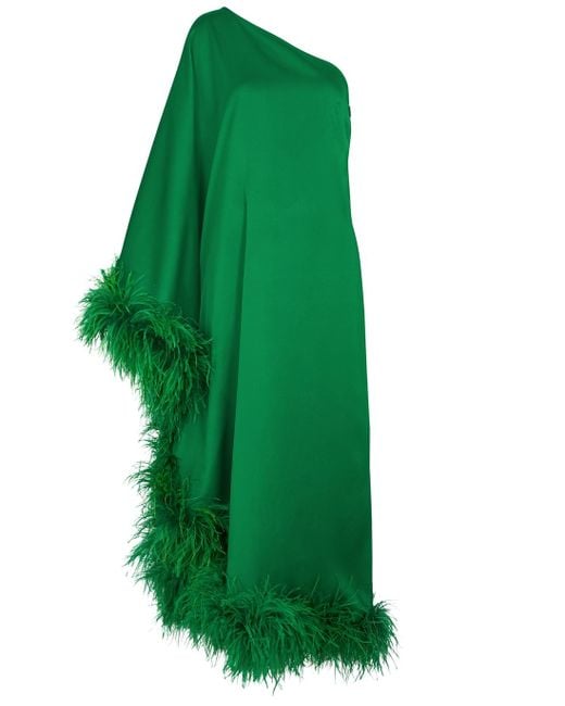 ‎Taller Marmo Green Ubud One-shoulder Feather-trimmed Satin Maxi Dress