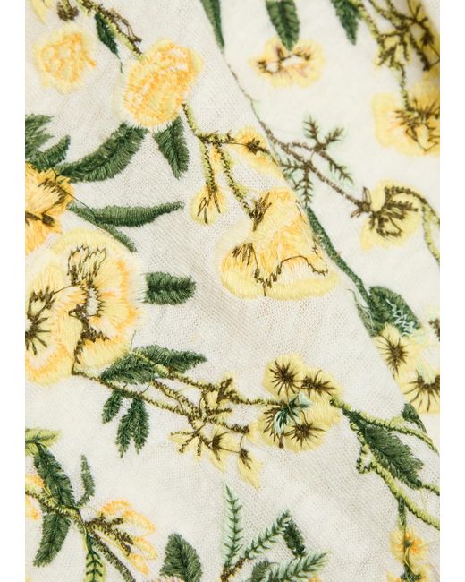 Alice + Olivia White Cindy Floral-Embroidered Linen T-Shirt