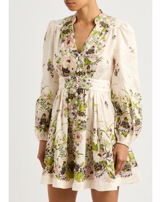 Zimmermann Natural Halliday Floral-Print Linen Mini Dress
