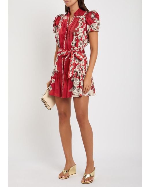 Alice + Olivia Red Cora Floral-Print Stretch-Cotton Mini Dress