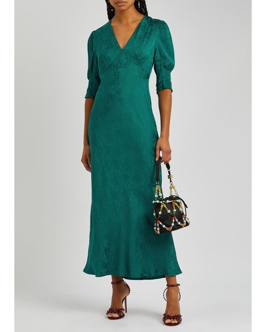 Rixo Green Zadie Floral-jacquard Satin Midi Dress