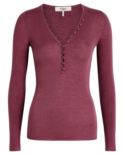 Chloé Purple Ribbed-Knit Wool Top