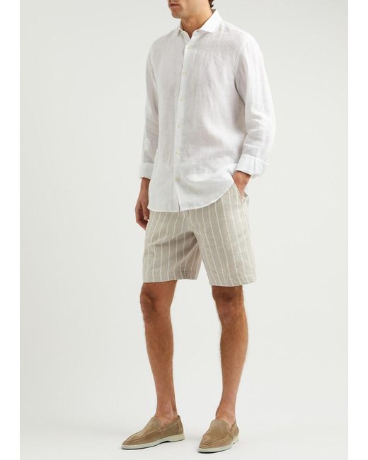 Boss White Striped Linen-Blend Shorts for men