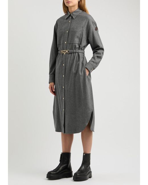 Moncler Gray Belted Wool-Blend Midi Shirt Dress