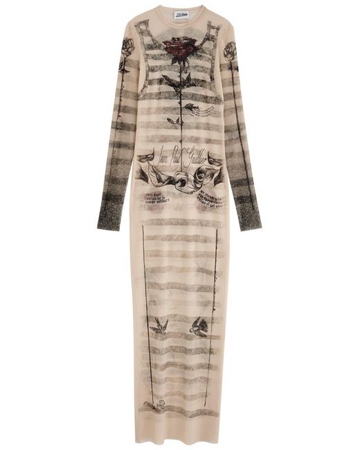 Jean Paul Gaultier Natural Printed Sheer Stretch-Tulle Maxi Dress