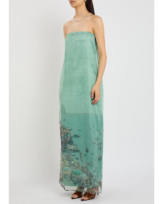 Staud Green Amara Printed Embellished Organza Maxi Dress