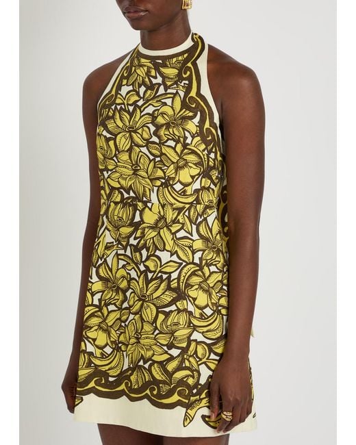 ALÉMAIS Yellow Mona Printed Halterneck Hemp Mini Dress