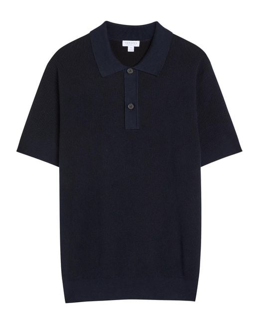 Sunspel Blue Ribbed Knit Cotton Polo Shirt for men