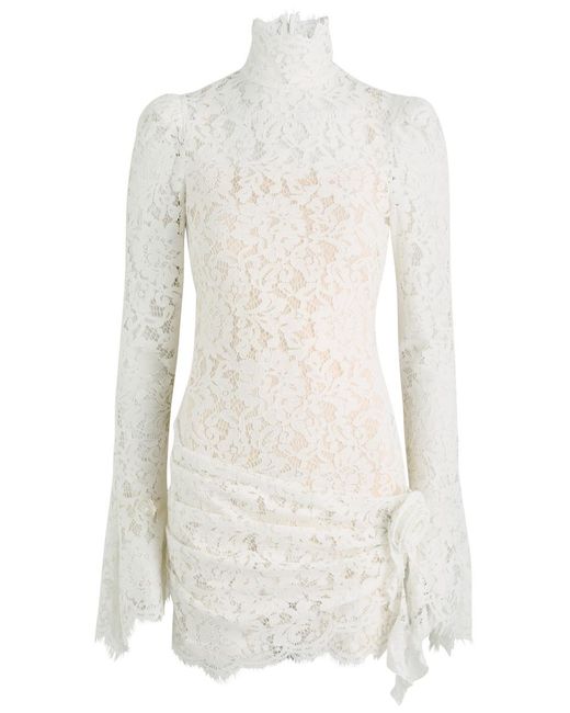 De La Vali White Bodita Rose-Appliqué Lace Mini Dress