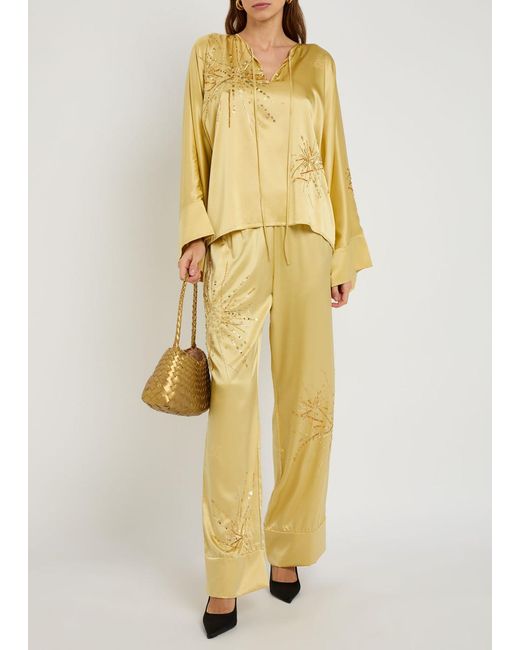 BERNADETTE Yellow Louis Embellished Stretch-Silk Trousers