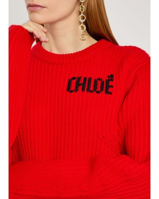 Chloé Red Logo Wool And Cashmere-Blend Jumper