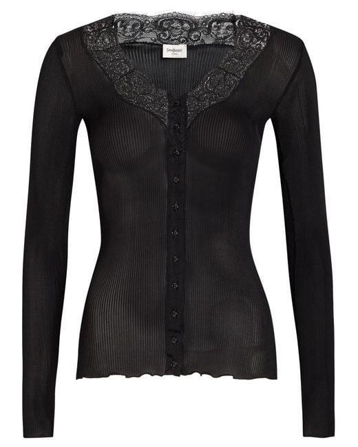 Saint Laurent Black Lace-Trim Ribbed Silk Cardigan