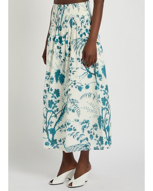 Erdem Blue Floral-Print Cotton And Linen-Blend Midi Skirt