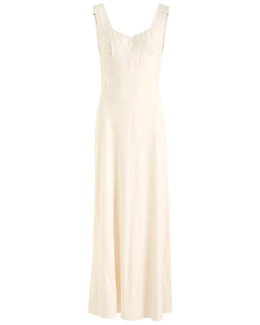 Rixo White Carnation Embroidered Satin Maxi Dress
