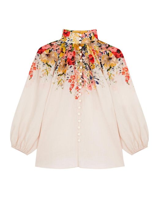 Zimmermann Pink Alight Floral-print Linen Blouse