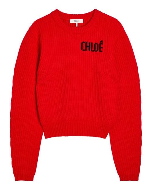 Chloé Red Logo Wool And Cashmere-Blend Jumper