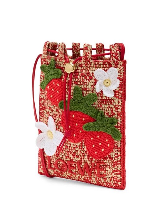 Loewe Red X Paula's Ibiza Strawberry Raffia Cross-Body Pouch