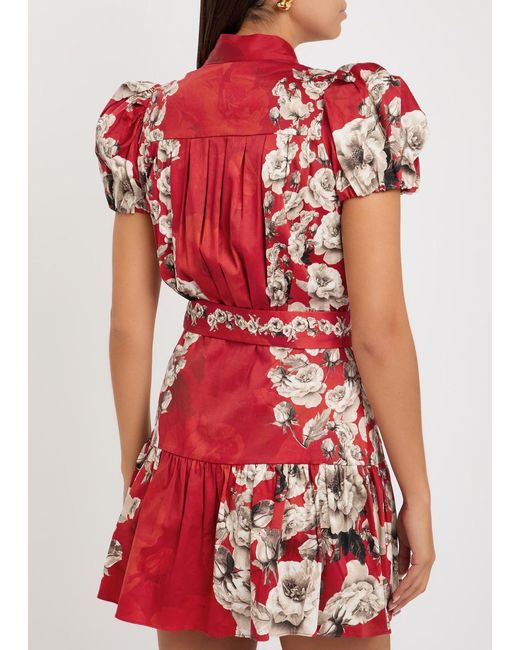 Alice + Olivia Red Cora Floral-Print Stretch-Cotton Mini Dress