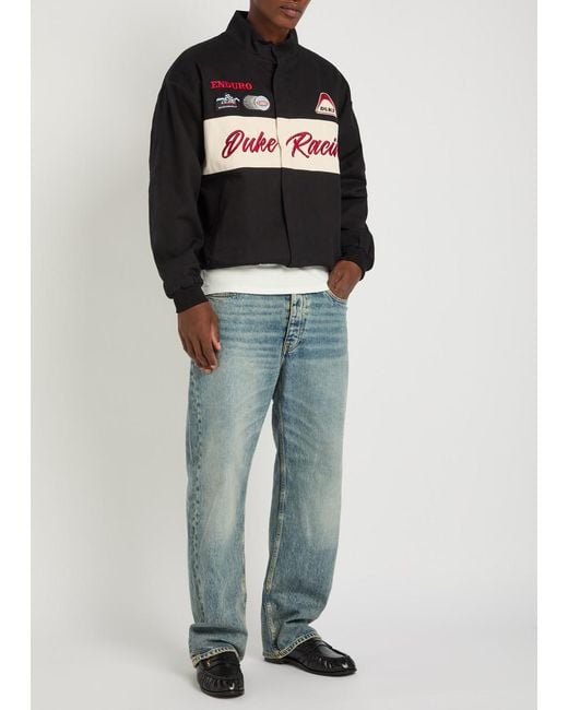 Duke & Dexter Black Racing Patchwork Appliqués Cotton Varsity Jacket for men