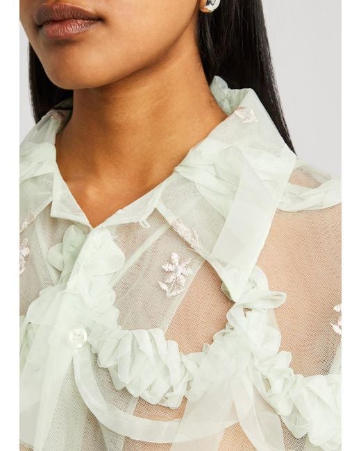 Simone Rocha Floral-Embroidered Ruffled Tulle Shirt in Green | Lyst