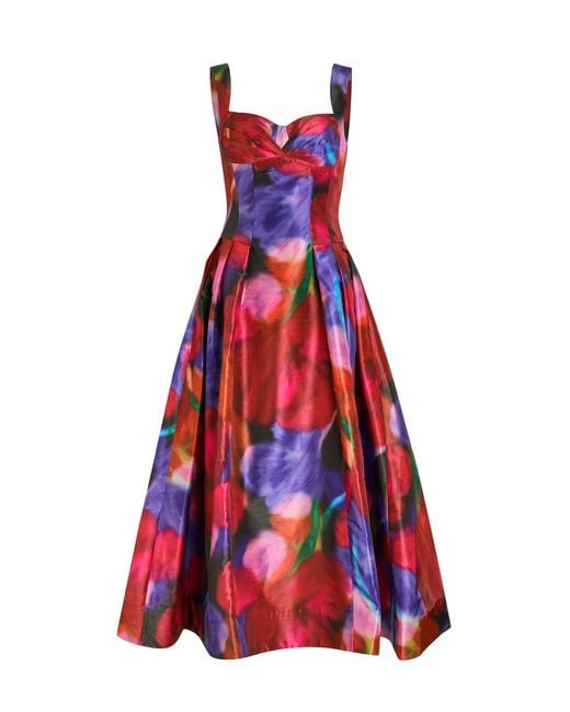 Rebecca Vallance Red Cabaret Roses Printed Satin Midi Dress