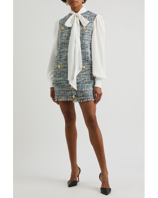 Balmain Blue Silk And Bouclé Tweed Mini Dress