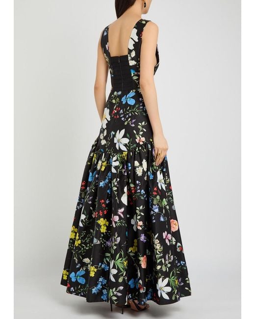 Alice + Olivia Black Lila Floral Print Tiered Stretch-Cotton Gown