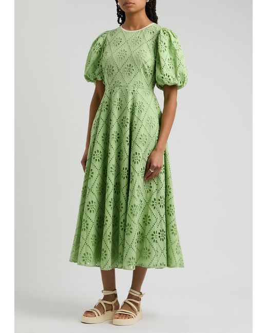 Kitri Green Chiara Broderie Anglaise Cotton Midi Dress