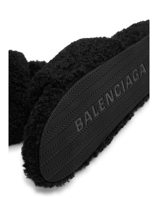 Balenciaga Black Logo-Embroidered Faux-Shearling Sliders for men