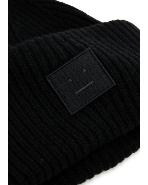 Acne Black Pansy Logo Ribbed Wool Beanie for men