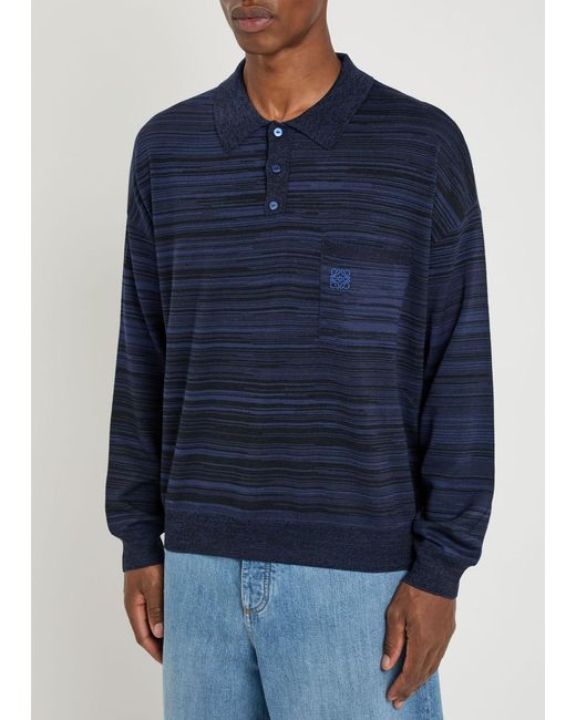 Loewe Blue Logo-Embroidered Striped Wool Polo for men