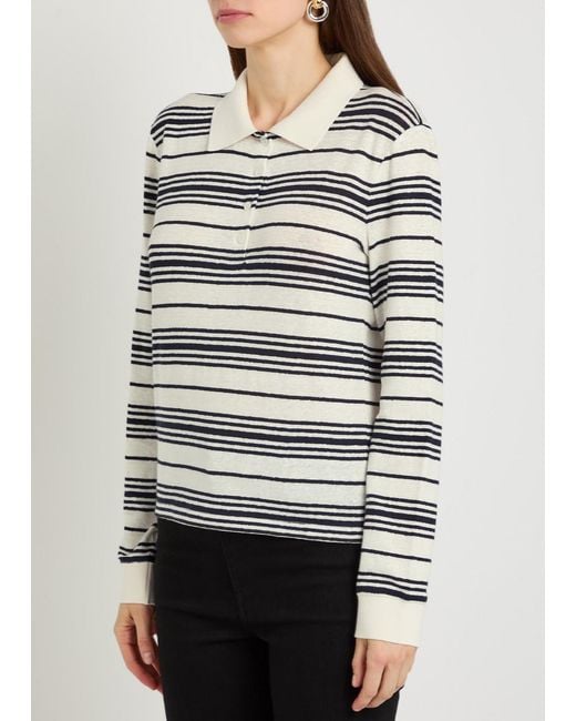FRAME Gray Striped Linen-Blend Polo Top