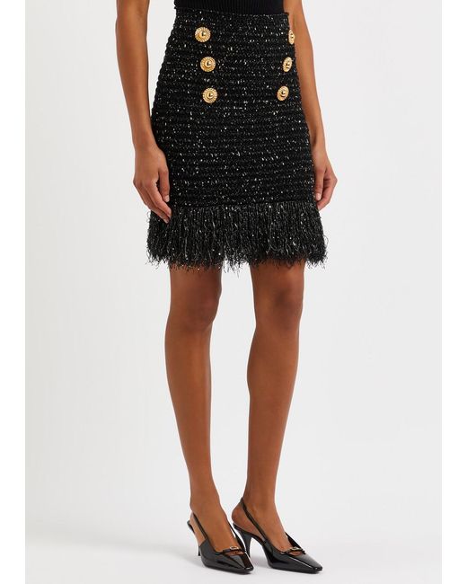 Balmain Black Fringed Bouclé Tweed Mini Skirt