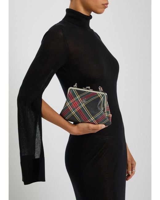 Vivienne Westwood Black Granny Frame Tartan Faux Leather Top Handle Bag