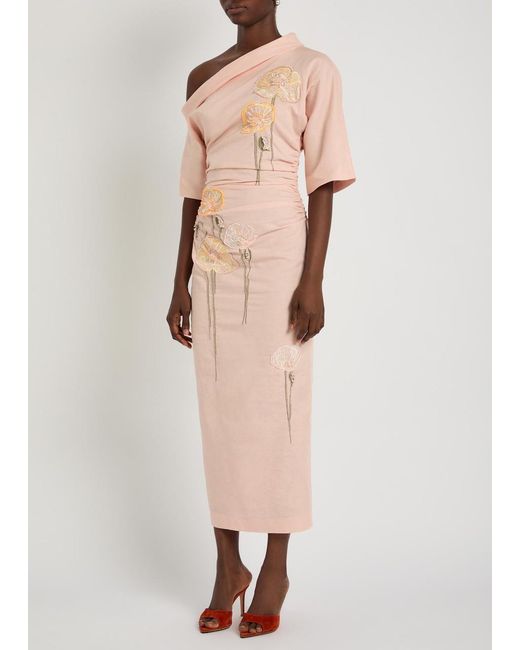 BERNADETTE Pink Bowery Floral-Embroidered Cotton-Blend Midi Dress