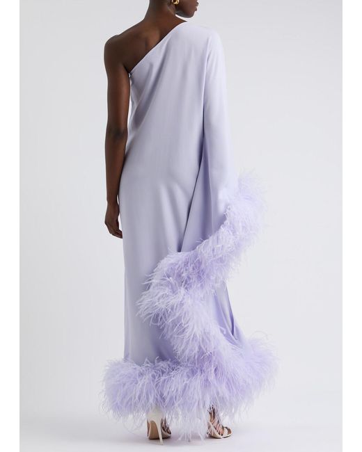‎Taller Marmo Purple Balear One-Shoulder Feather-Trimmed Maxi Dress
