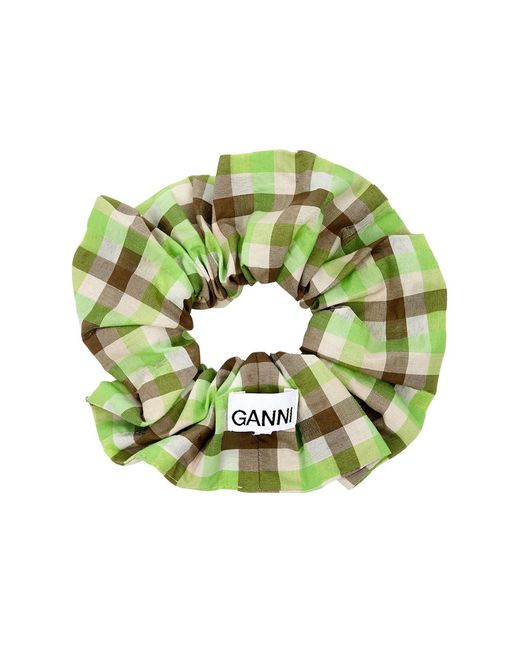 Ganni Green Checked Seersucker Scrunchie