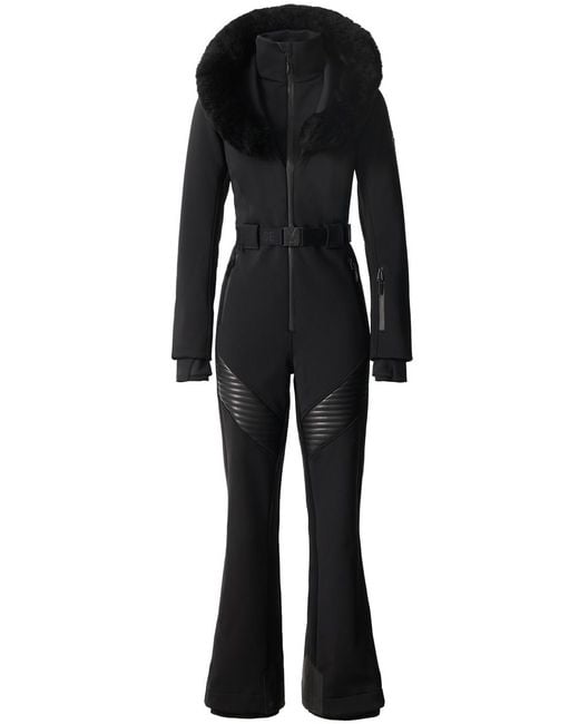 Mackage Black Elle Fur-Trim Hood Bonded Fleece Shell Ski Suit
