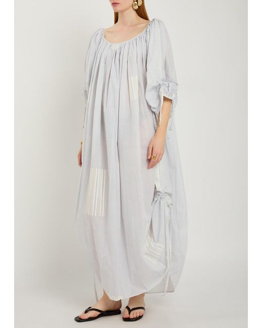 Thierry Colson White Athenais Striped Ruched Cotton Midi Dress