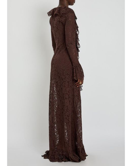 De La Vali Brown Clementina Ruffled Guipure Lace Maxi Dress