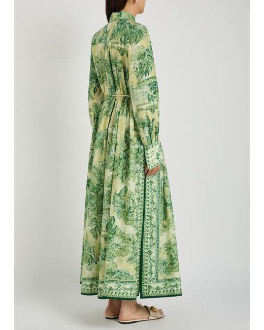 ALÉMAIS Green Sara Printed Cotton And Silk-Blend Midi Shirt Dress