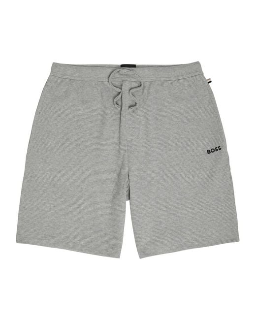 Boss Gray Logo-Embroidered Waffle Cotton-Blend Shorts for men